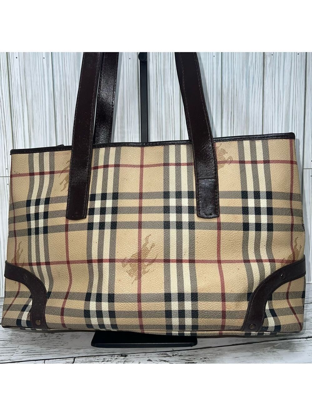 Burberry London Tote Bag Nova Check Plaid Canvas Leather Trim Shoulder Bag - Picture 12 of 16